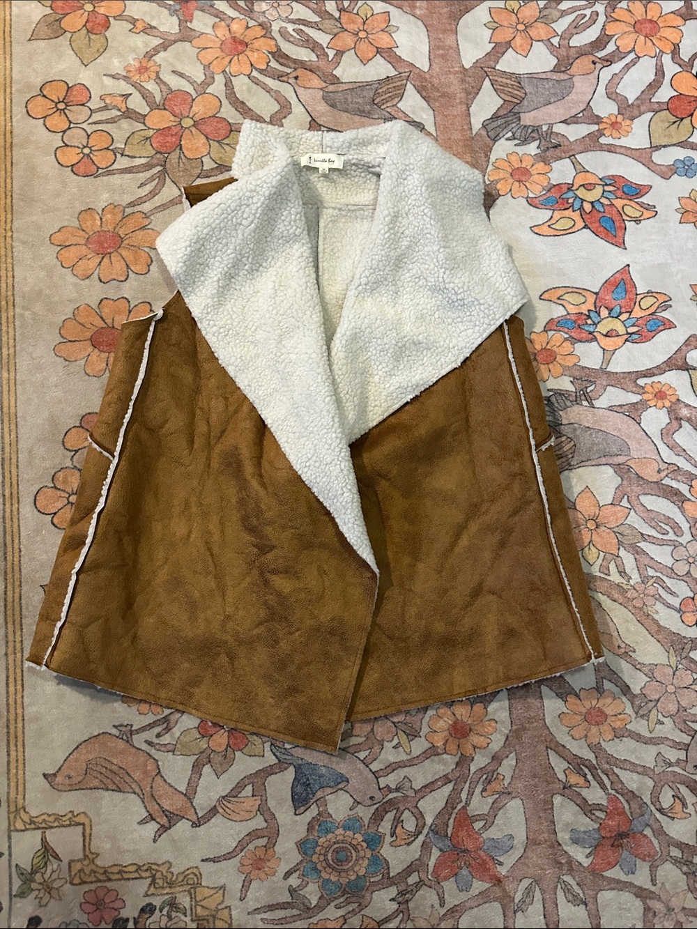 Vanilla Bay Camel & Cream Faux Shearling Open-Front Vest